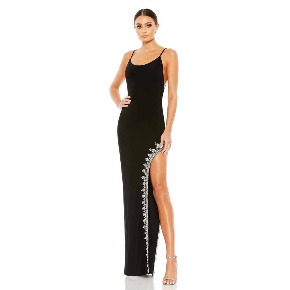 Mac Duggal RHINESTONE ENCRUSTED SIDE SLIT CAMI BODYCON GOWN
